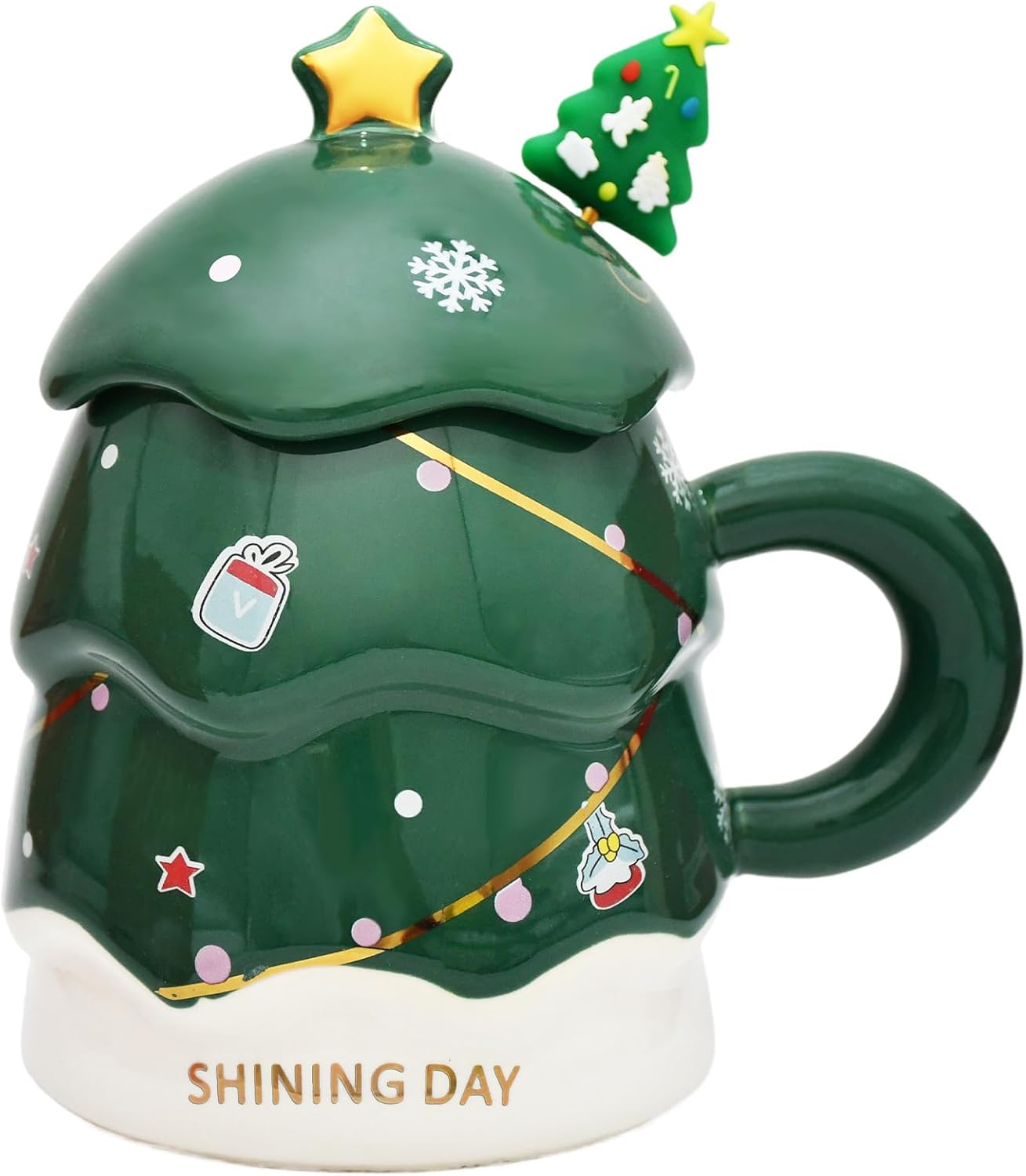 14 oz Christmas Tree Mug with Lid and Spoon Decorations, Cute Festive Ceramic Coffee Cup