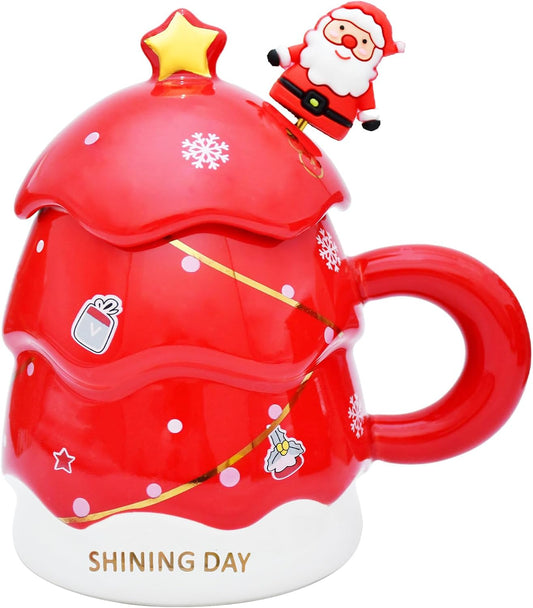 14 oz Christmas Tree Mug with Lid and Spoon Decorations, Cute Festive December Feature Cup