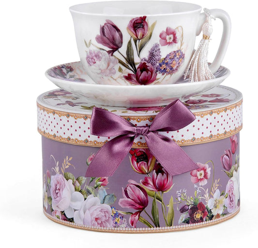 Fine Bone China Coffee Cup with Saucer, (Flowers 300ml) Selected Featured December Cups of the Month