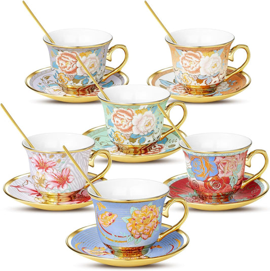 Sets of 6, Floral Cups with Spoons Ceramic Cup and Saucer Set - Selected Featured October cups of the month!