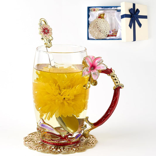 Flower Tea Cup ,Clear Glass Fancy Coffee Mug with Spoon, Selected Featured November Cups Of The Month