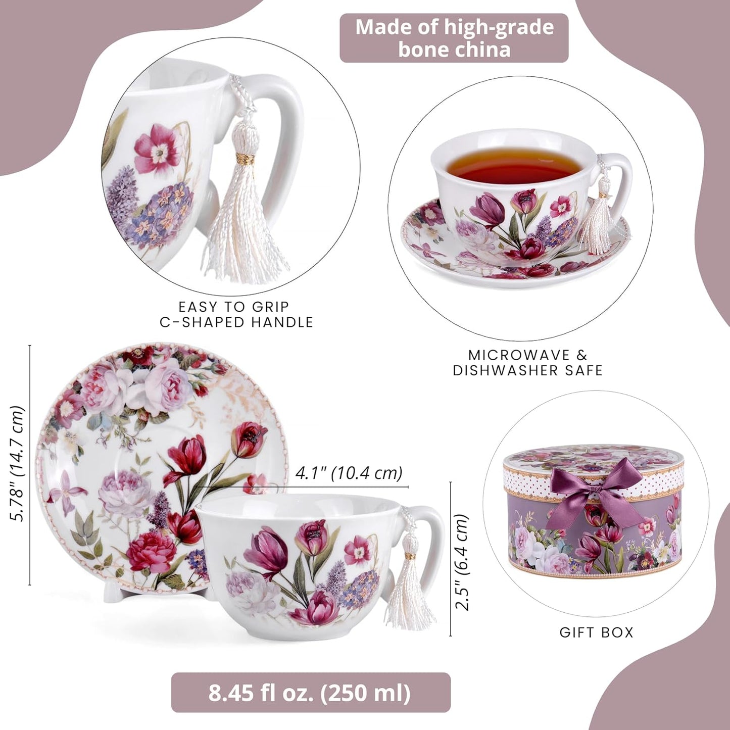 Fine Bone China Coffee Cup with Saucer, (Flowers 300ml) Selected Featured December Cups of the Month