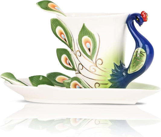 Porcelain Peacock Green Teacup Set with Saucer and Spoon - Selected Featured October cups of the month!